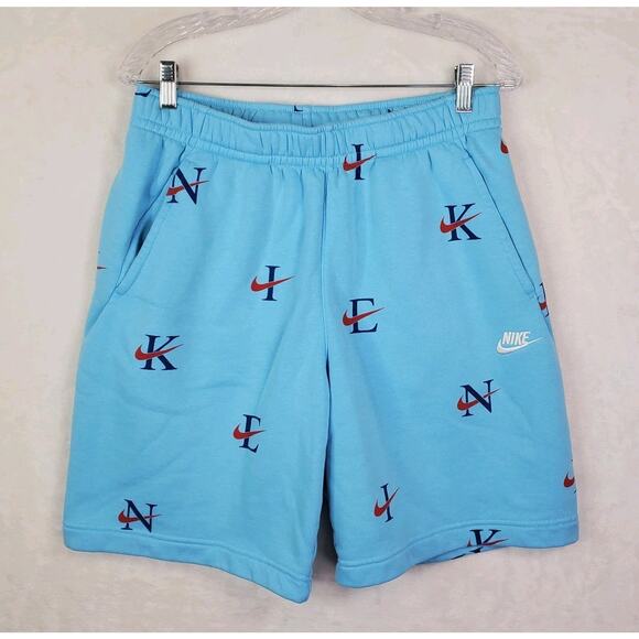 Nike NSW Club AOP Fleece Shorts Men Sz Medium Blue Chill Drawstring Pockets Logo - Picture 1 of 9